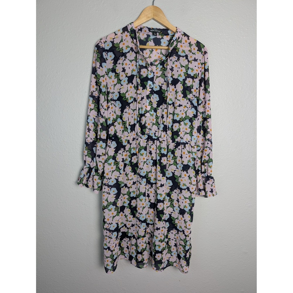 J.CREW Mercantile Dress Womens‎ L Blue Fit & Flare Floral Lined V-Neck Ruffle